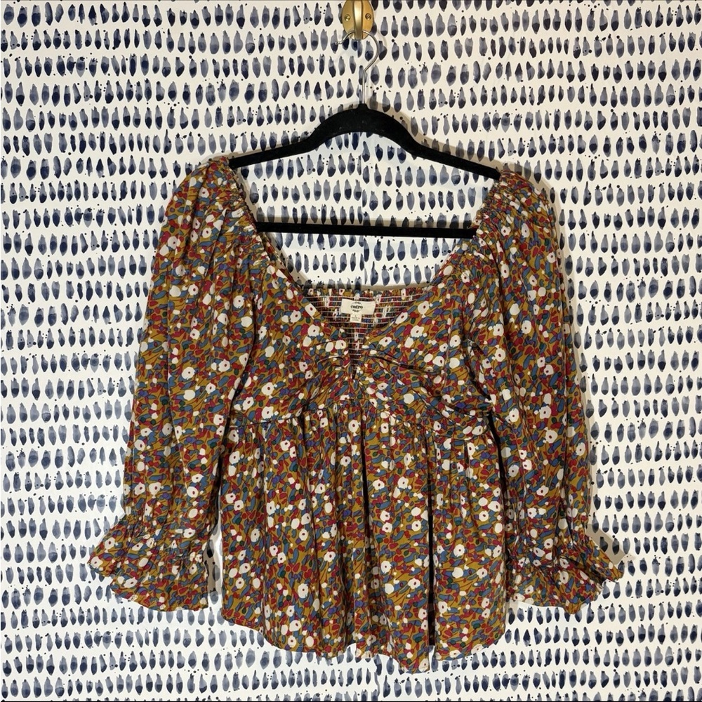 Entro Floral Blouse sz L Puffy Long Sleeves V-Neck Mustard Yellow Boutique Top